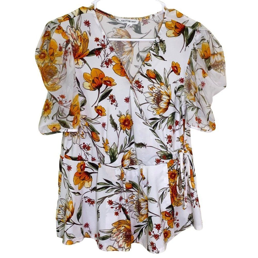 White and Orange Floral Blouse Puff Sleeves V neck Size L